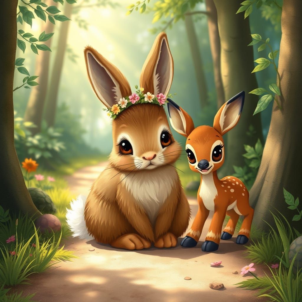 Whimsical Bunny and Fawn in Forest Glade
