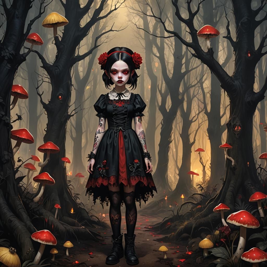 Young Vampire Girl in Mystical Forest, Dark Fantasy