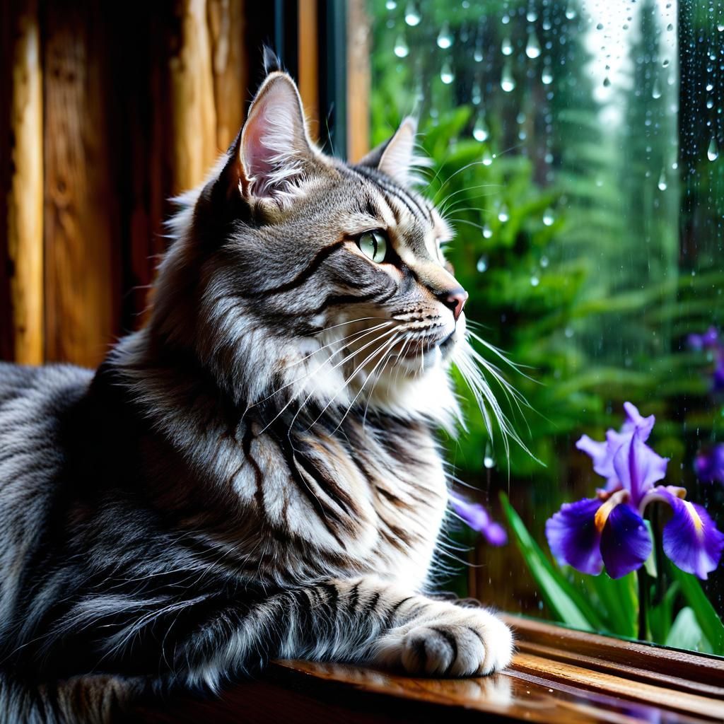 Tabby Cat Gazing at Rainy Forest From Cabin