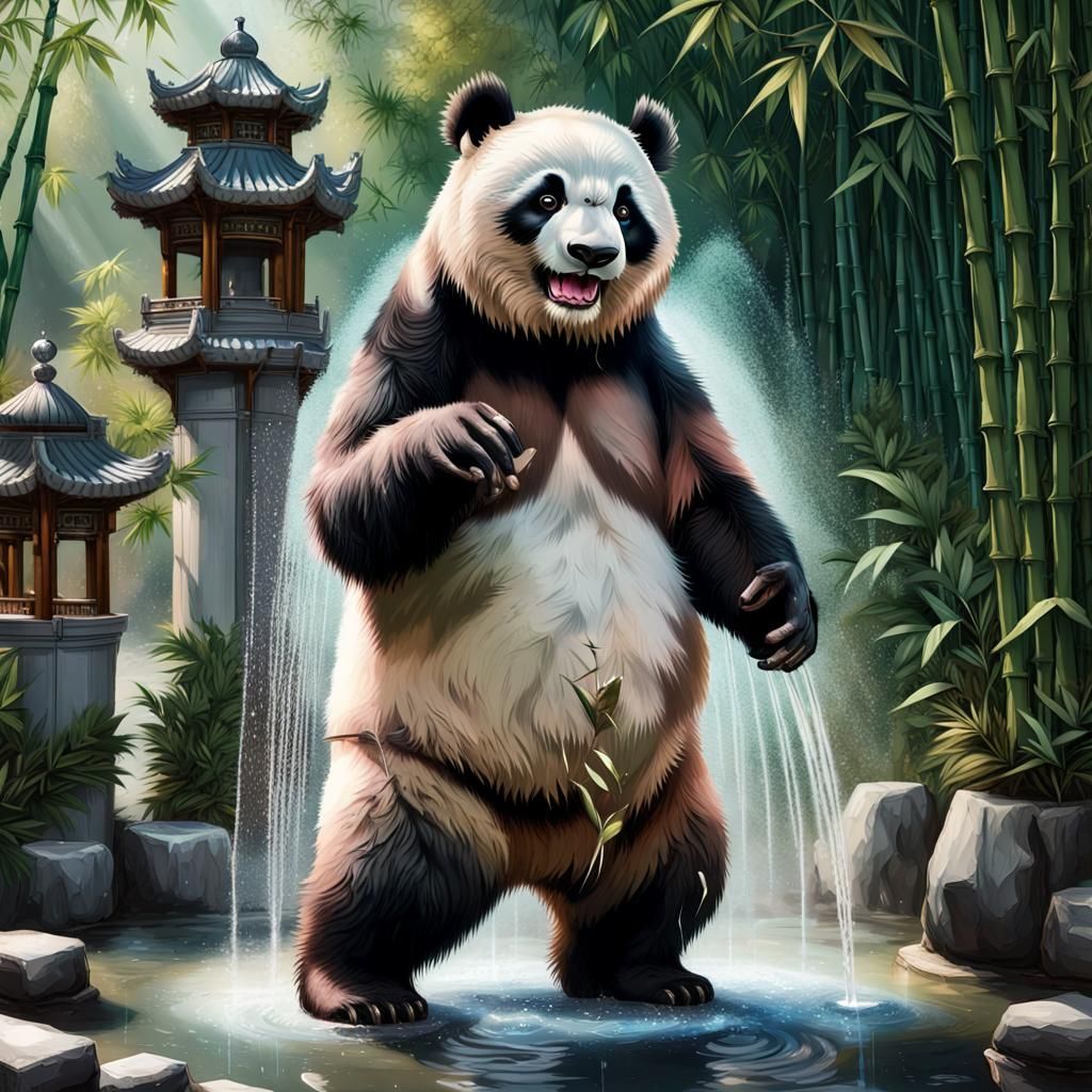 Metal Belly Panda in Chinese Garden: Hyperrealistic Splash A...