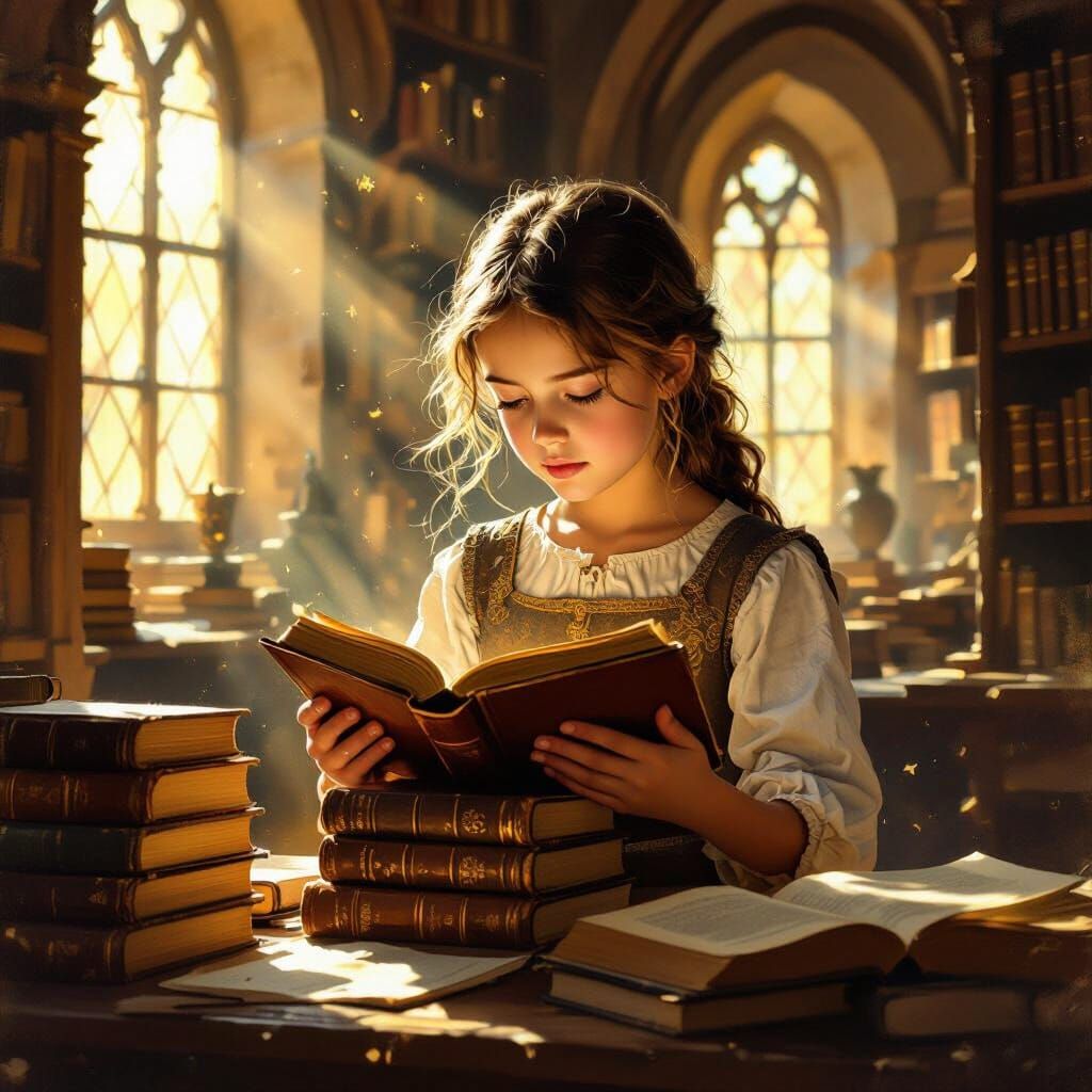 Girl Reading in Sunlit Medieval Library - Oil Painting