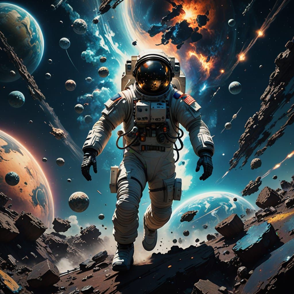 Ethereal Odyssey: Cosmic Astronaut in Triadic Harmony