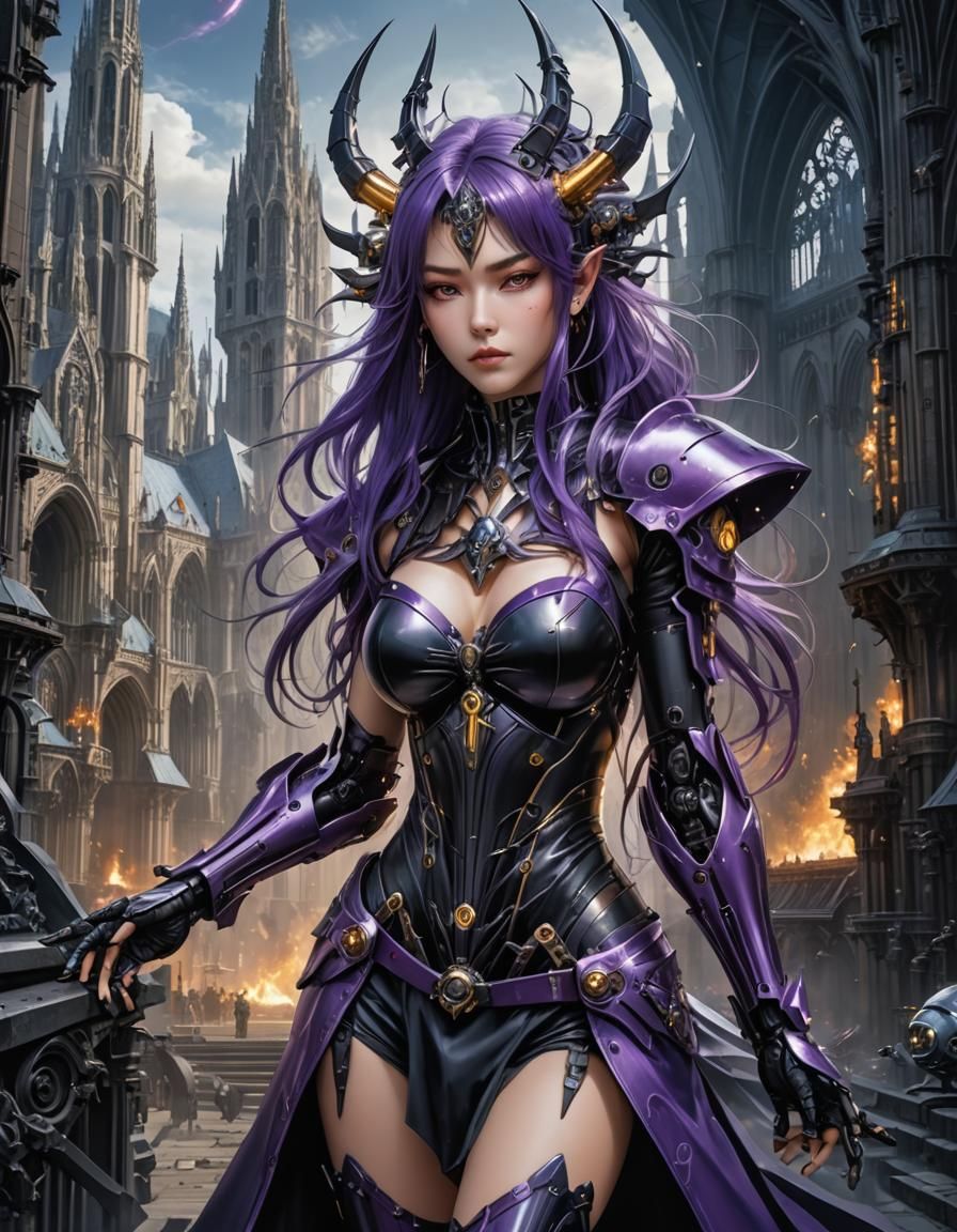 Cyborg Witch Casts Cyber-Spell Atop Gothic Cathedral