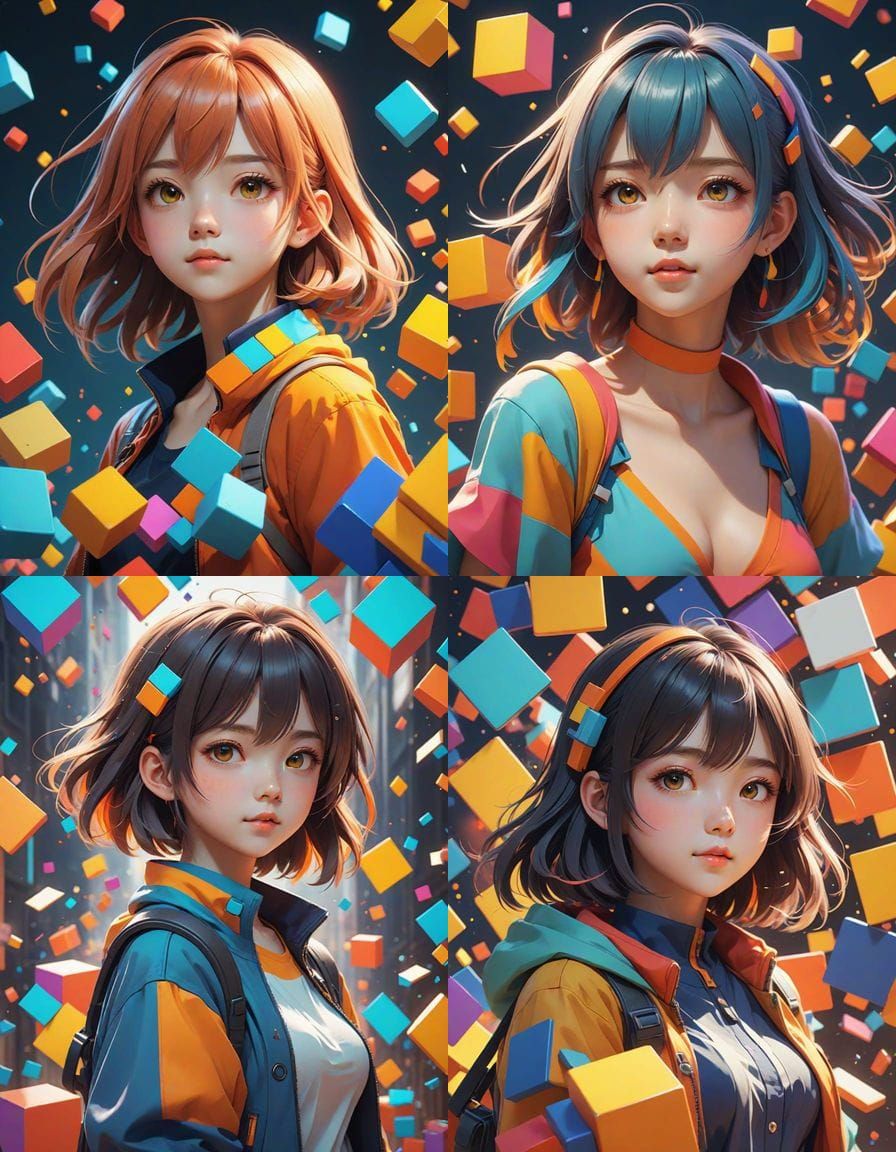 Vibrant Anime-Inspired Abstraction with Cel-Shaded Squares