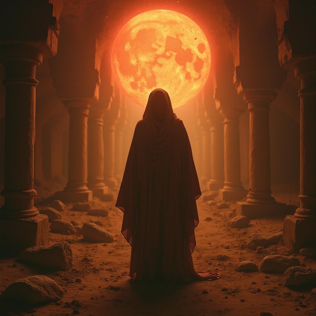 Mystical Figure in Surreal Crimson Realm