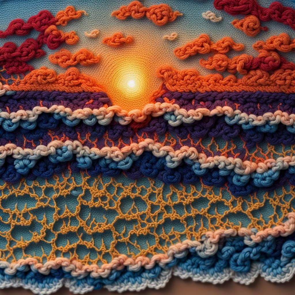 Hyper-Realistic Crochet Seascape at Sunset in 64k