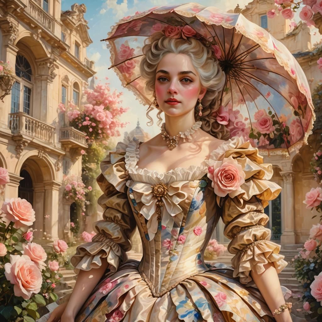 Woman with Marie Antoinette Hair in Rococo Garden