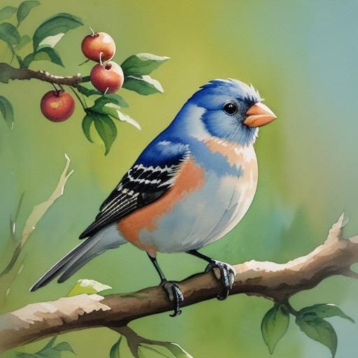 Bullfinch in Gouache Style Watercolor Painting