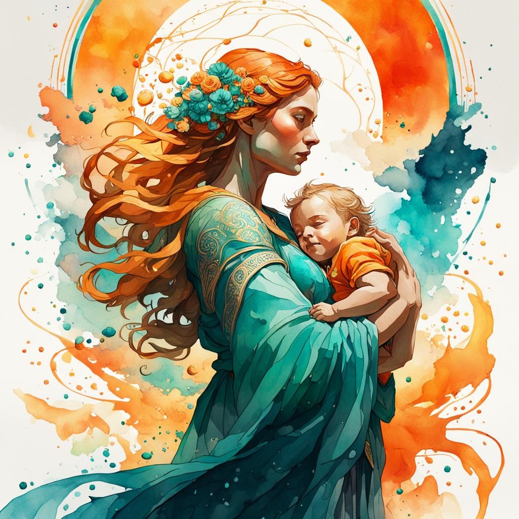 Watercolor Motherhood Art in Orange and Teal