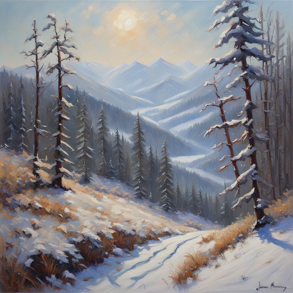 Winter Snow in Ukrainian Carpathian Mountains as Oil Paintin...