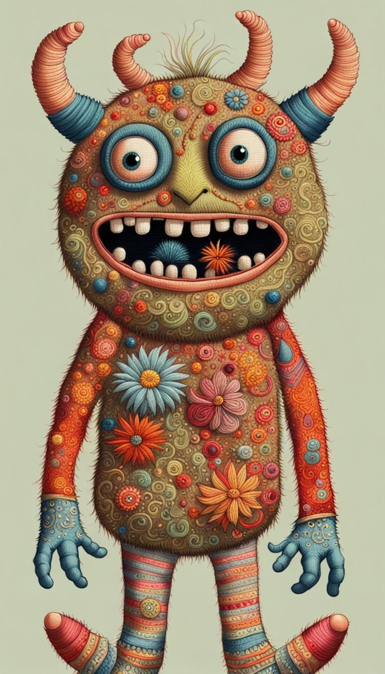 Joyful Embroidered Monster: Detailed and Colorful