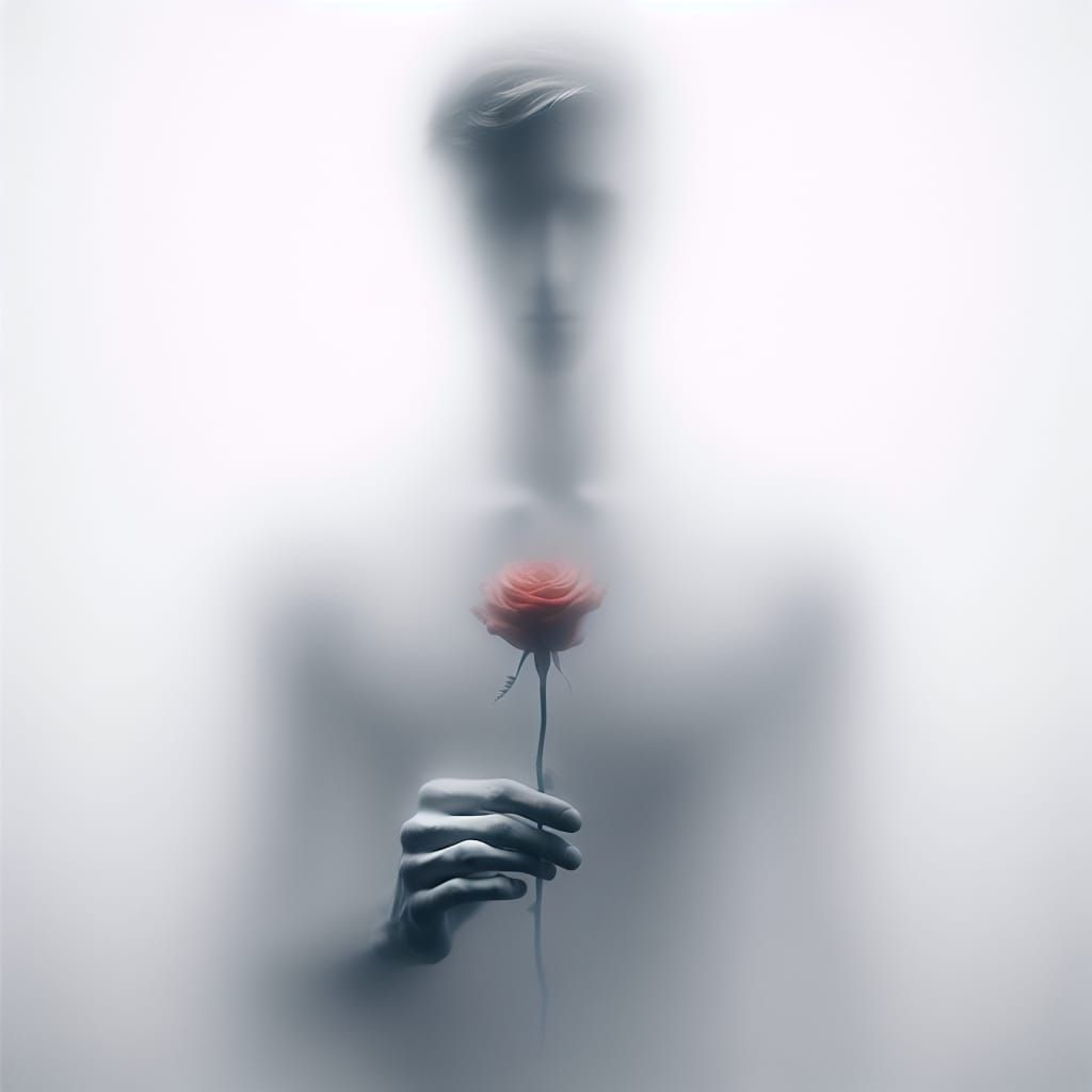 Ethereal Figure Holding Rose in Monochromatic Setting