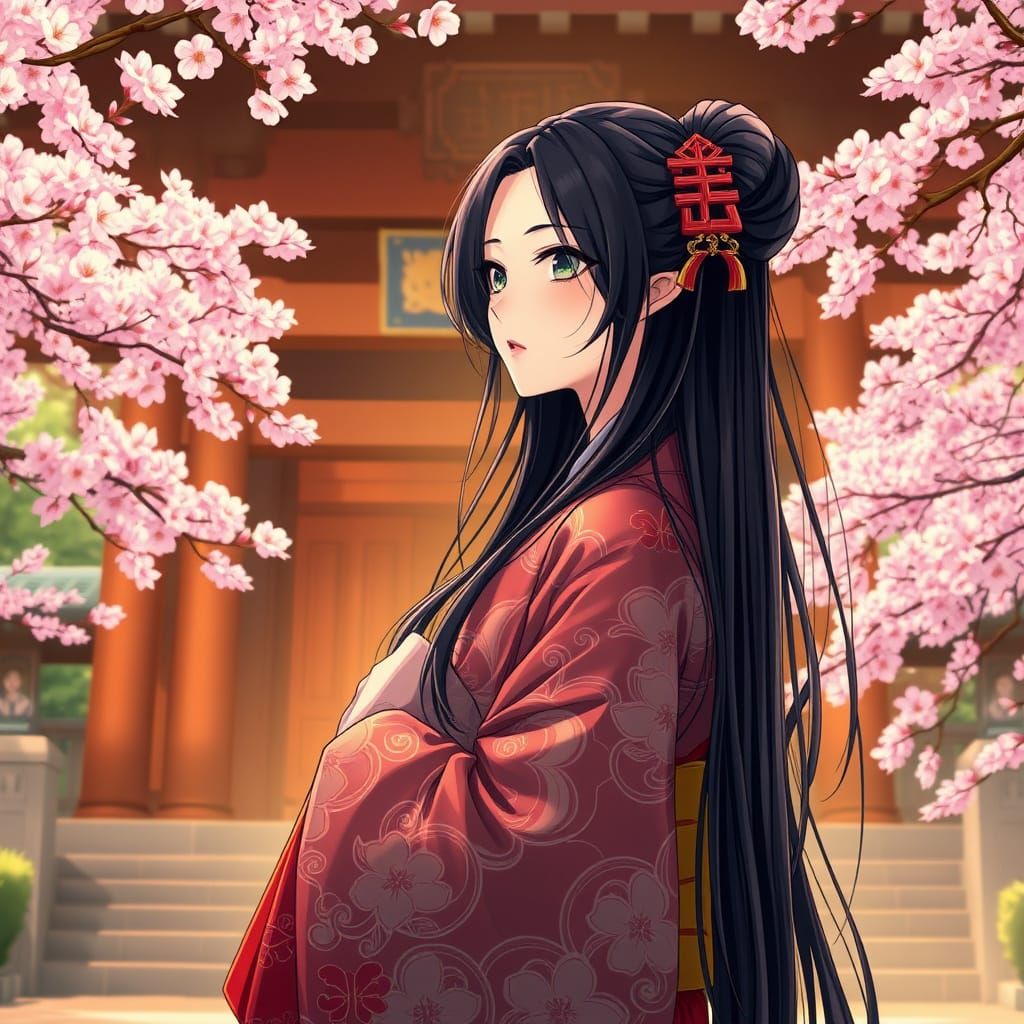 Japanese Maiden Serene at Shinto Shrine with Cherry Blossoms