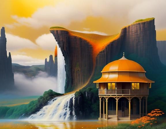 "A landscape scene in the style of surrealism or impressionism, or attempt to blend elements of both, with a focus on wa...