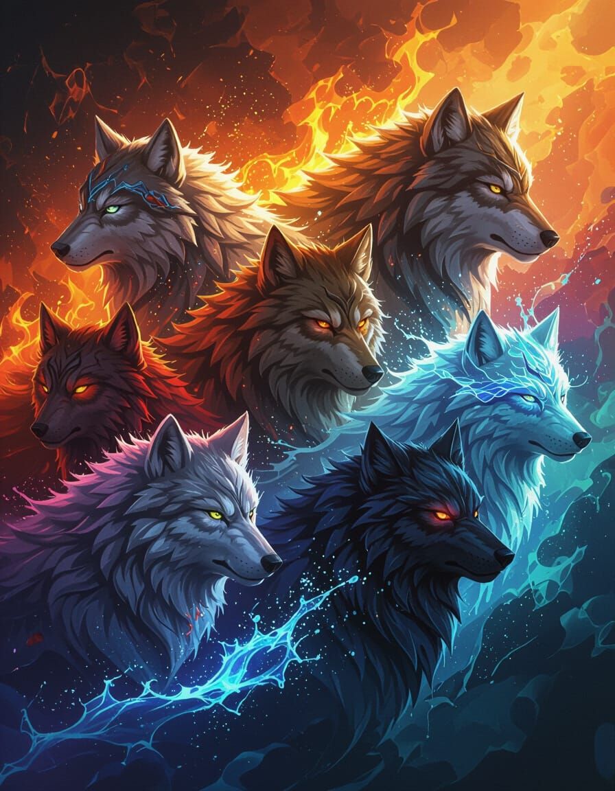 Seven Elemental Wolves: Earth, Fire, Wind, Water, Metal, Dar...