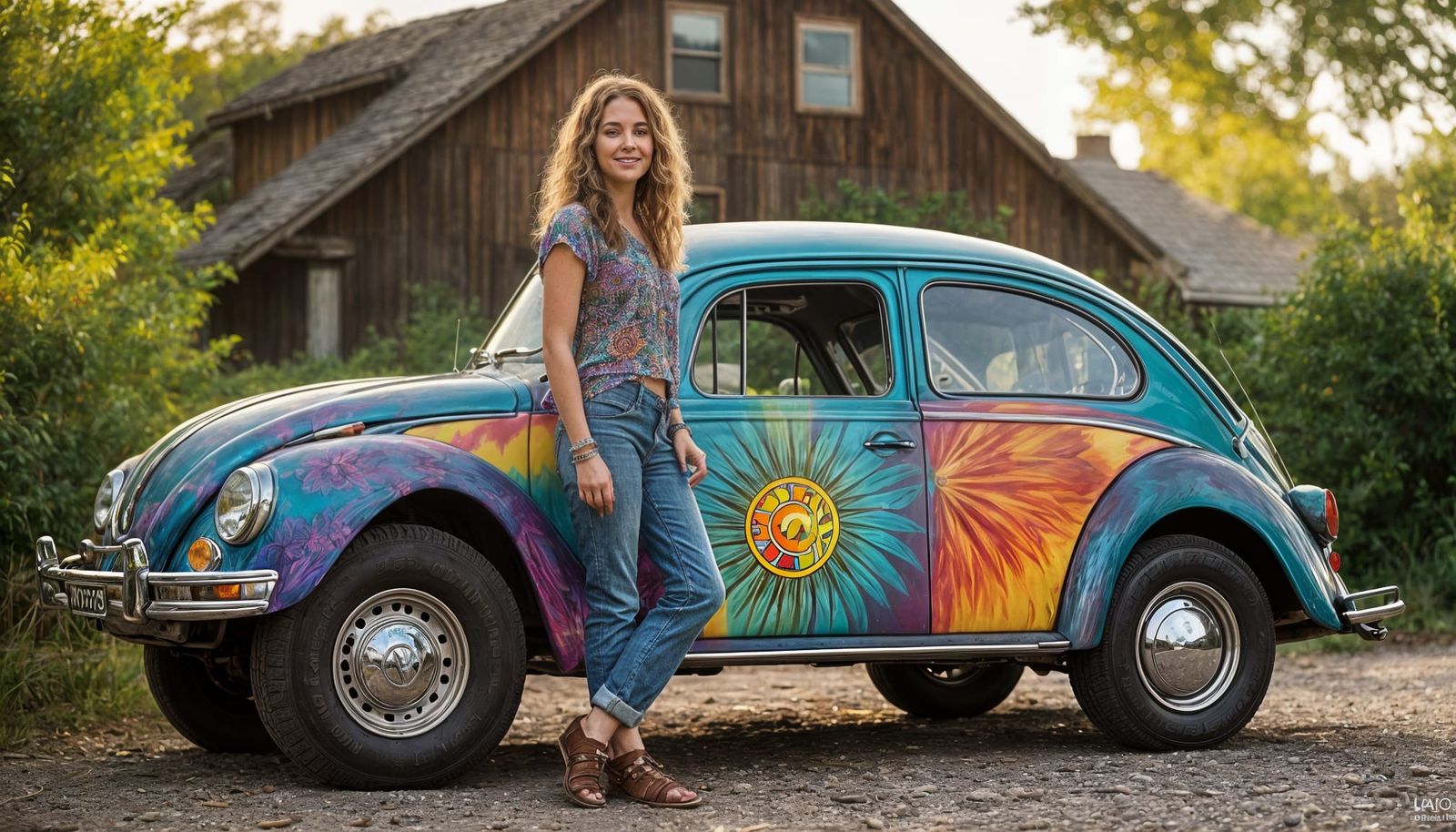 Hippie Woman with Grateful Dead VW Bug