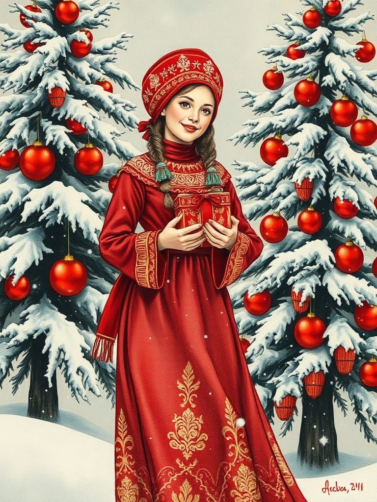 Slavic Snow Maiden Christmas Postcard in Eclectic Style