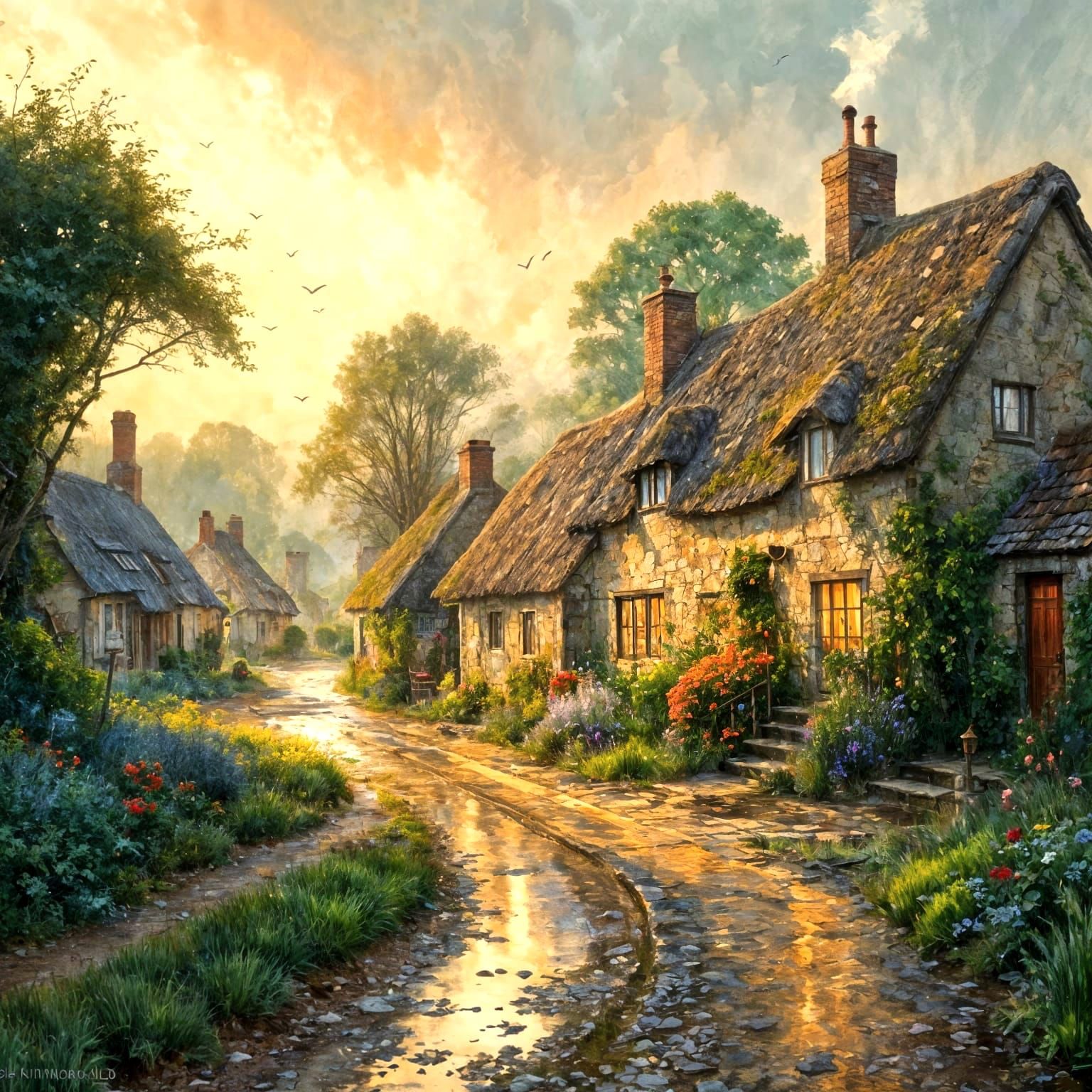 Impressionistic Village in Monet's Style with Watercolor Tex...