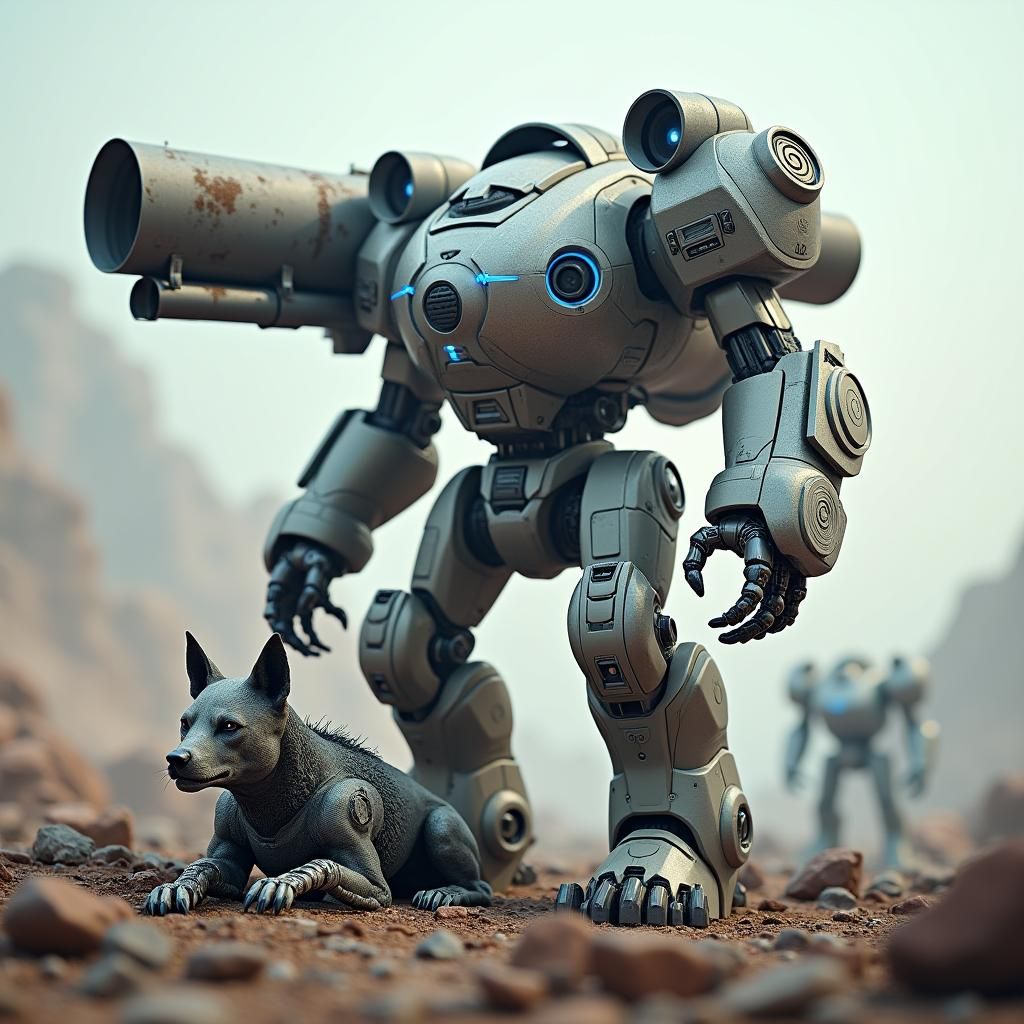Futuristic Robot Dominates Battlefield in Dystopian Landscap...