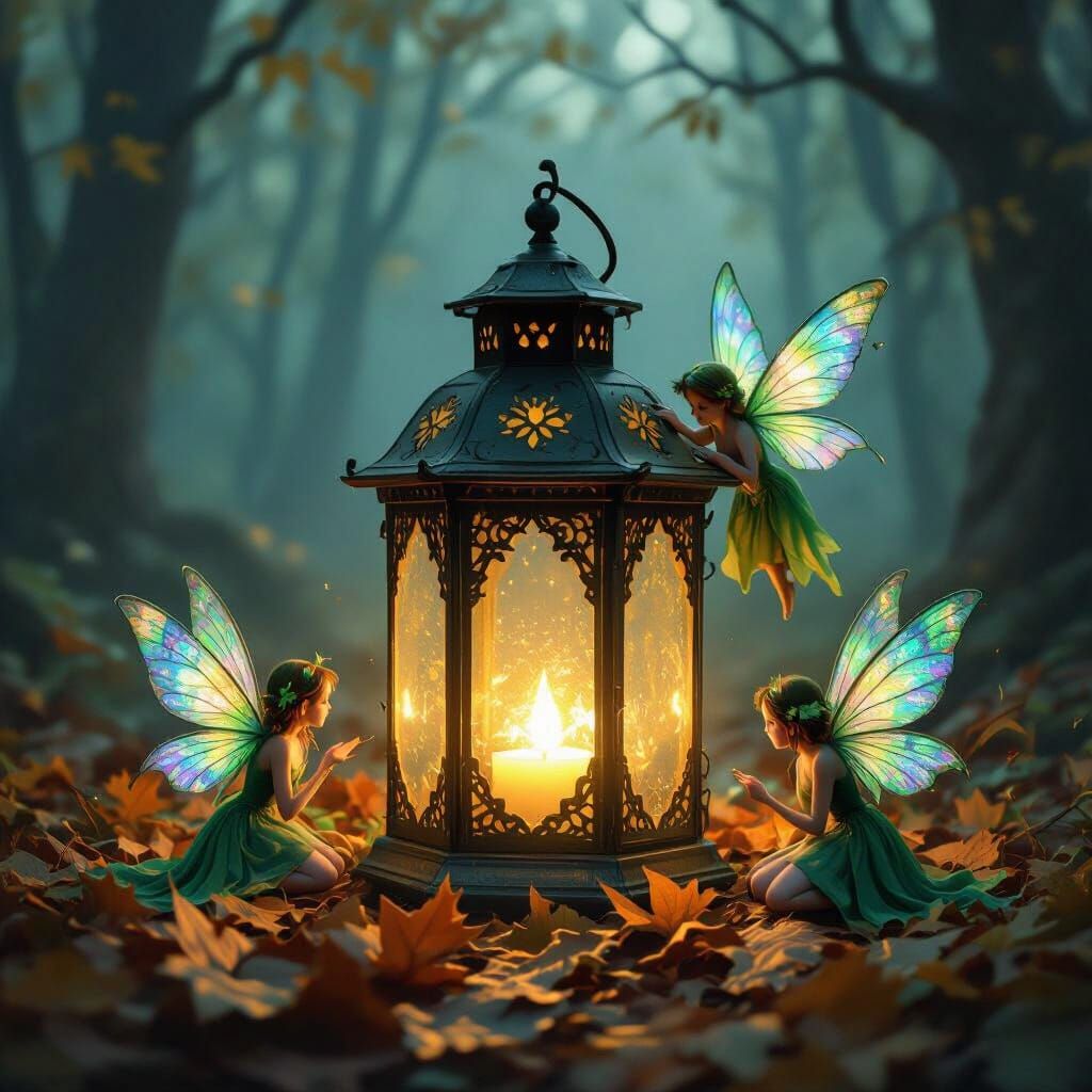 Glowing Lantern in Enchanted Forest with Fairies