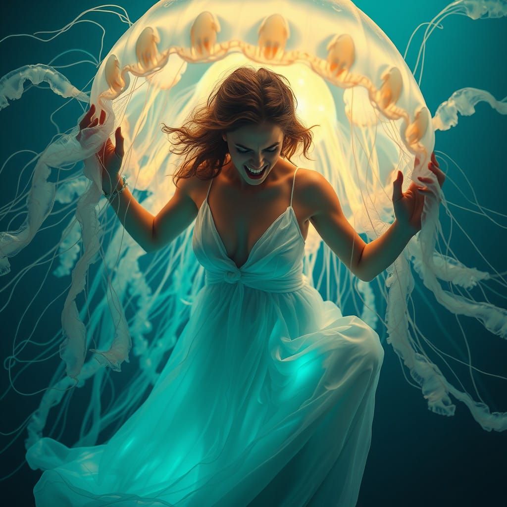 Surreal Woman Trapped in Glowing Jellyfish Bell
