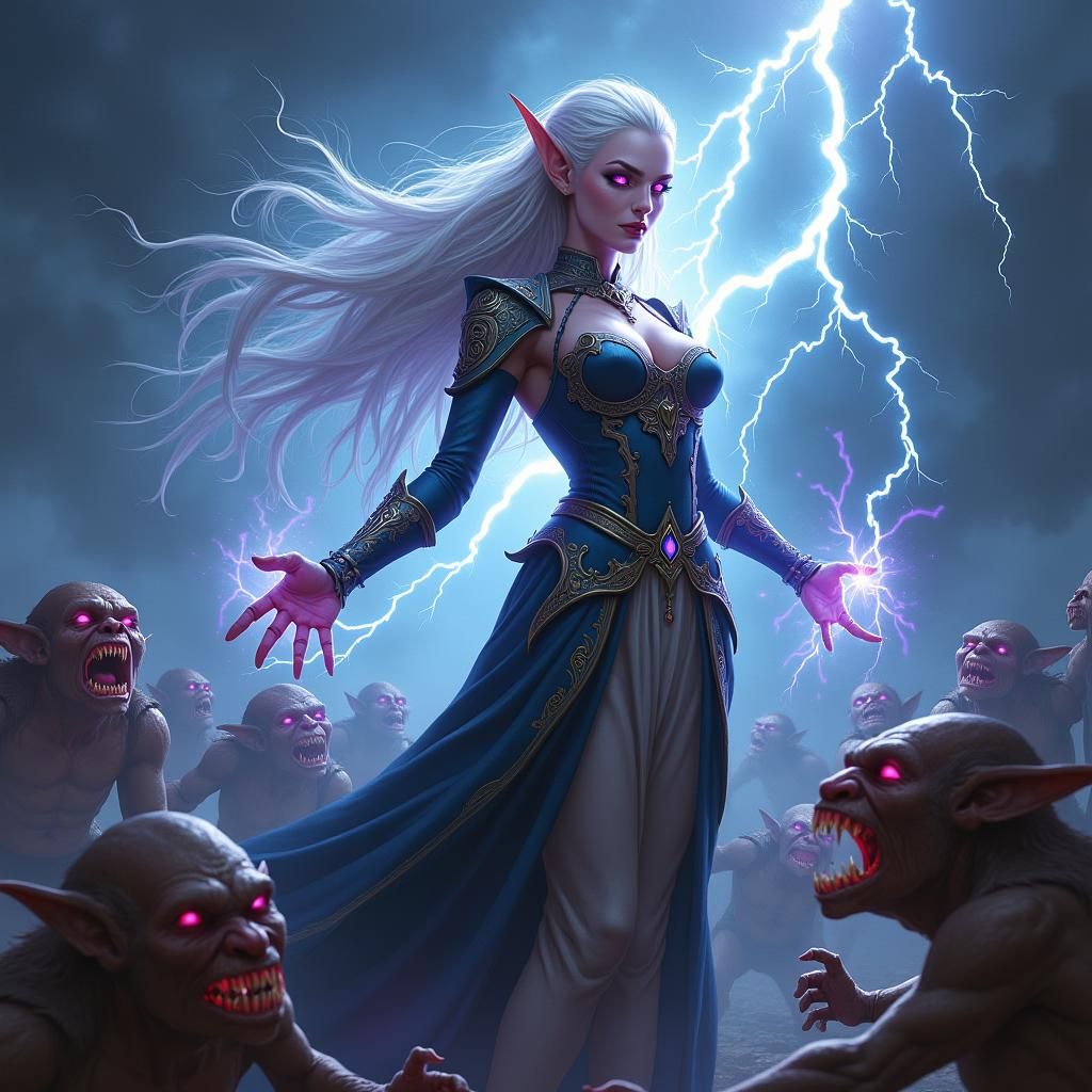 Elven Sorceress Unleashes Lightning on Goblins