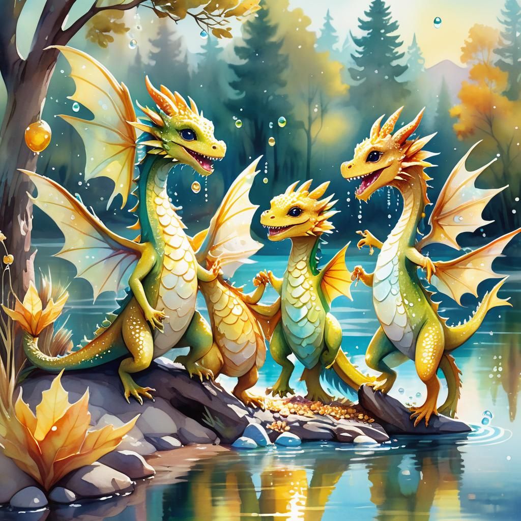 Dragons Dancing in Sunshine: Whimsical Watercolor Art