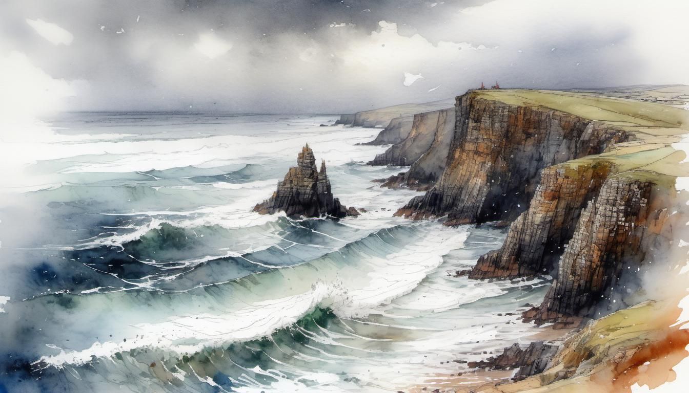 Irish Coast Storm in Cubist Watercolor Style