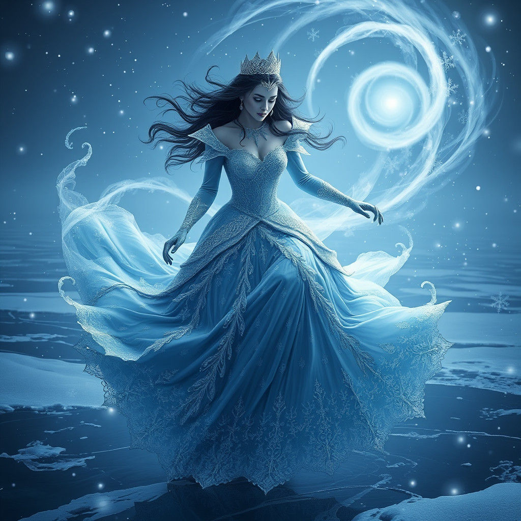 Snow Queen Skating on Frozen Lake in Fantasy Style