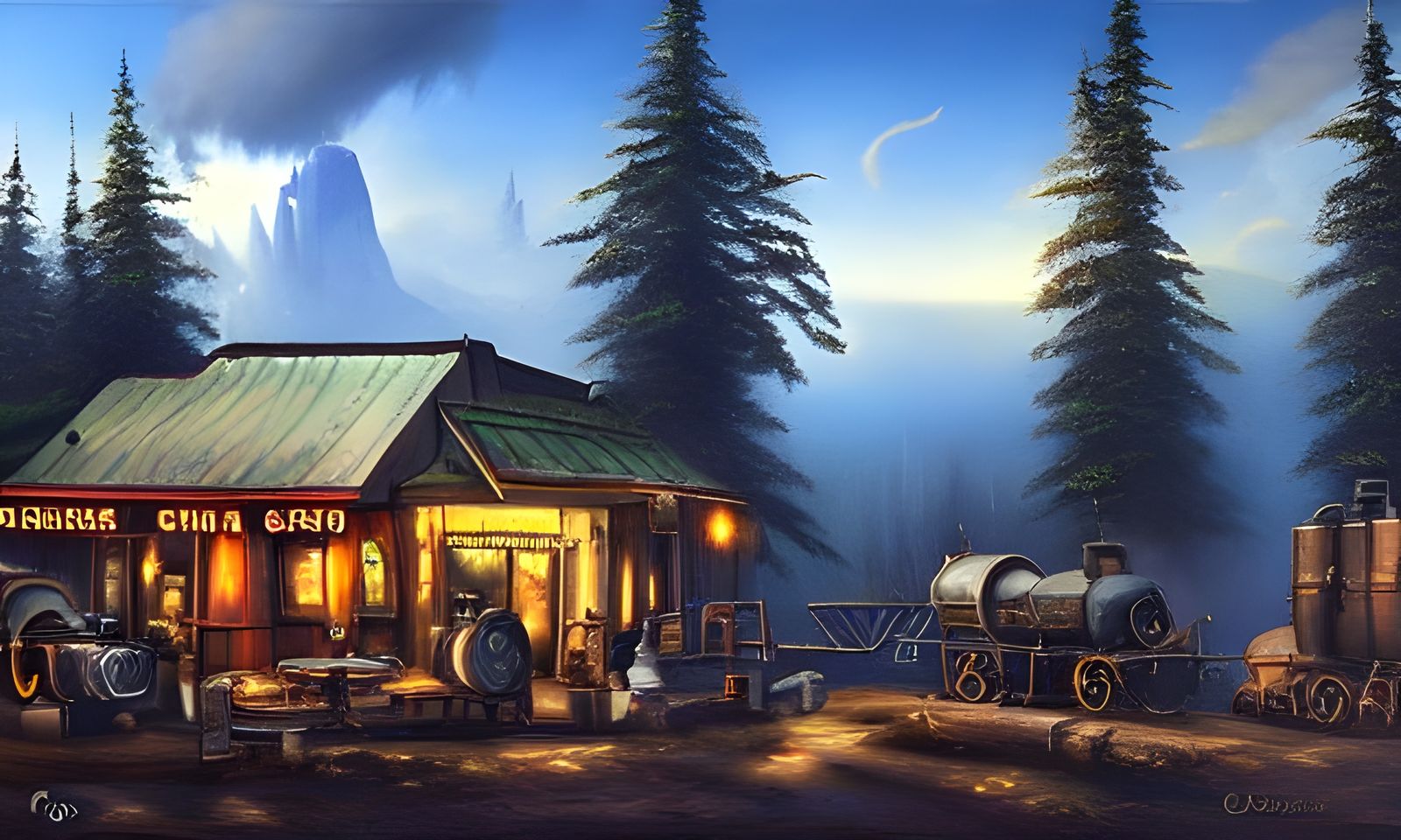 Steampunk Coffeehouse: Pacific Northwest Oil Painting