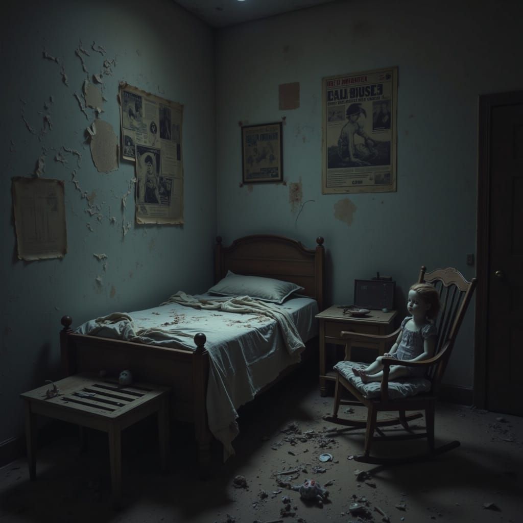 Eerie Bedroom Scene in a Haunting, Abandoned Atmosphere