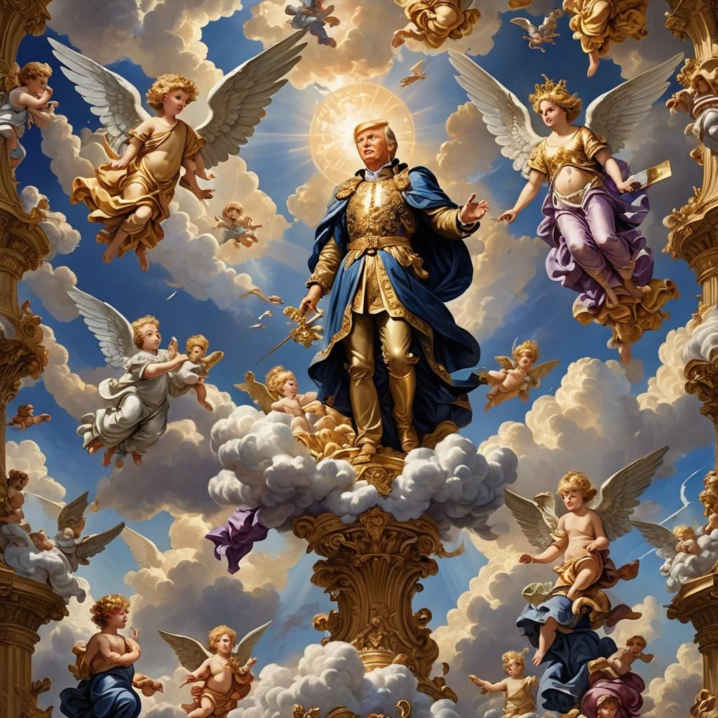 Trump Surrounded by Angels in Baroque Cloudscape