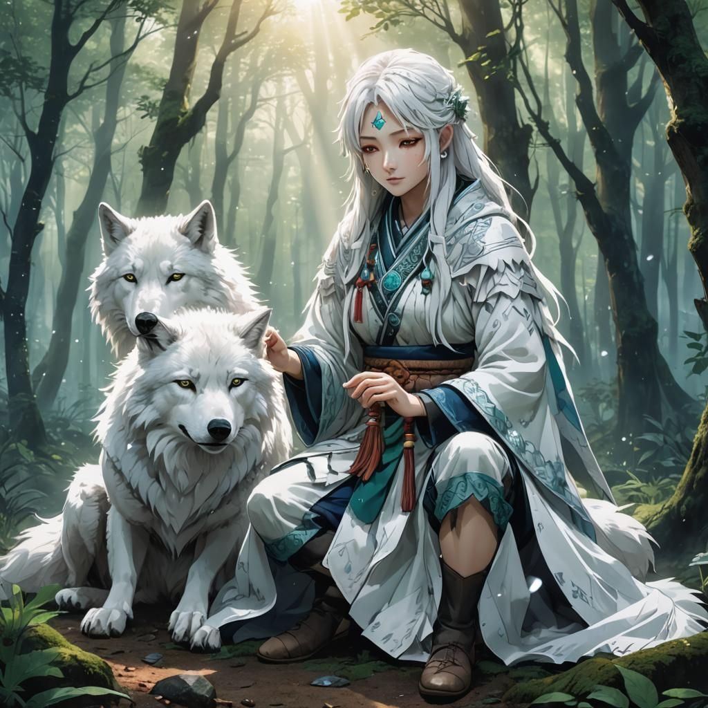 Anime Girl Shaman and White Wolf in Forest