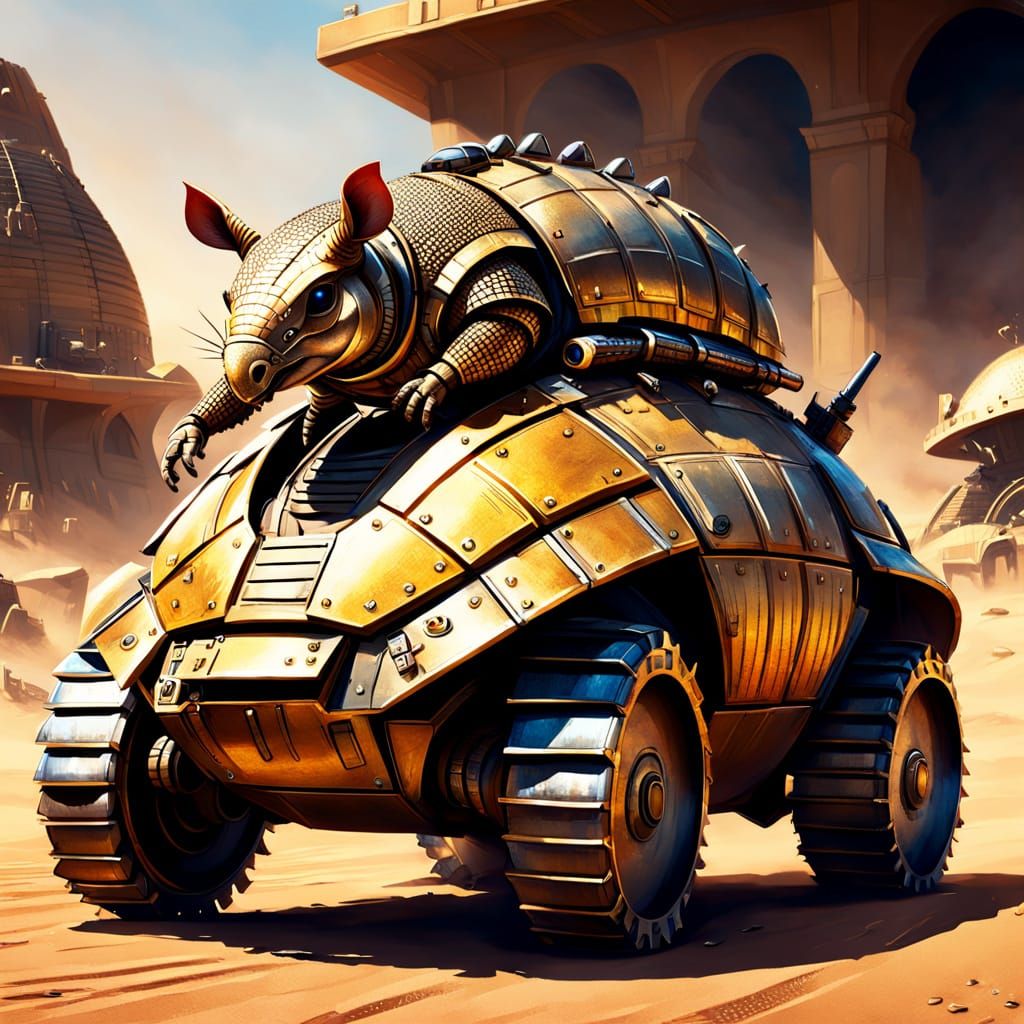 Armored Armadillo Rides Tank in Explosive Desert