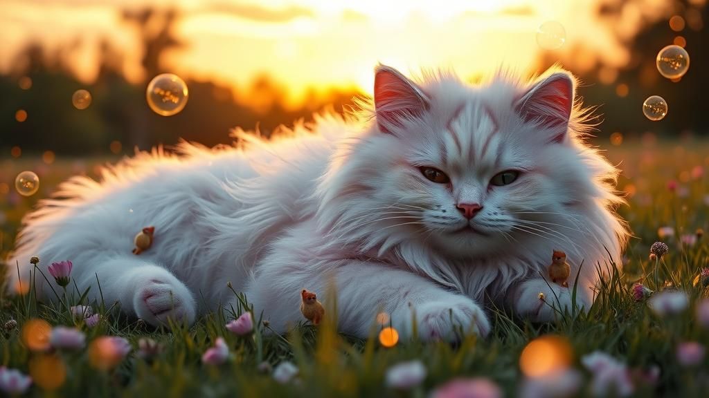 Giant Fluffy Creature in Enchanted Meadow at Sunset