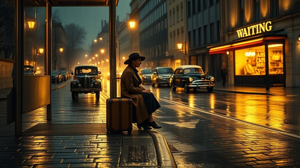 Romantic Rainy Night in Quaint European Town Bus Stop