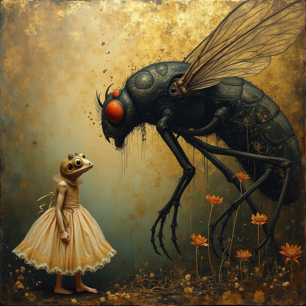 Frog and Fly in Helnwein-Klimt Style
