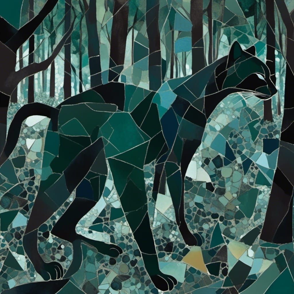 Cubist Panther Portrait in Dark Geometric Forest