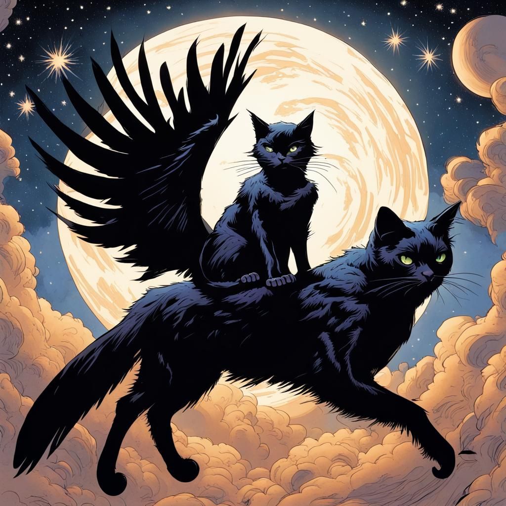 Black Cat Raven Ride Through Starry Night