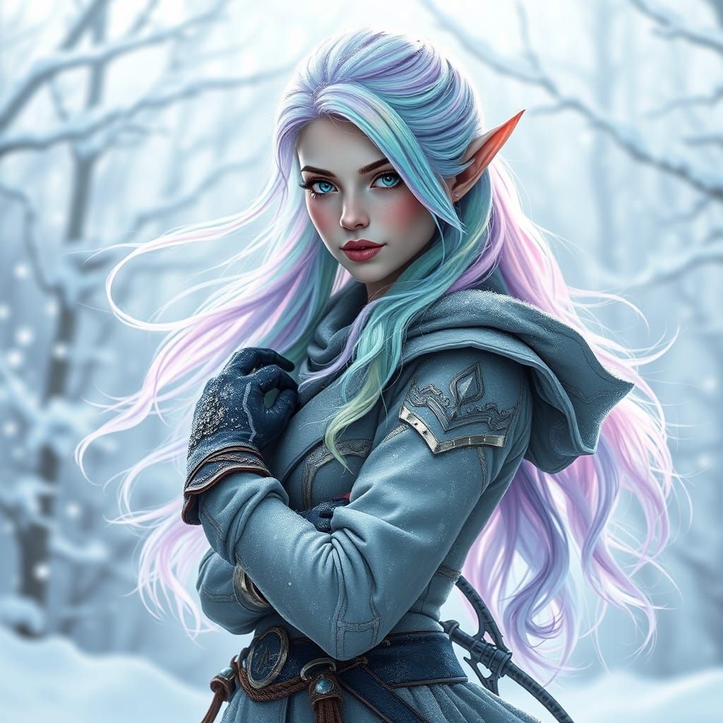 Ethereal Elf Rogue in Iridescent Pastel Hair and Frosty Atti...
