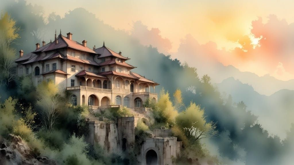 Ancient Chinese Mansion on Mountain Slope at Sunset