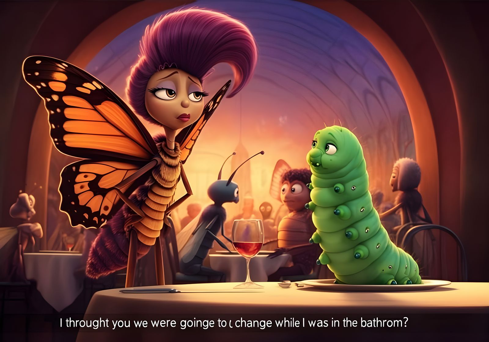 Butterfly Confronts Caterpillar in Restaurant Portrait