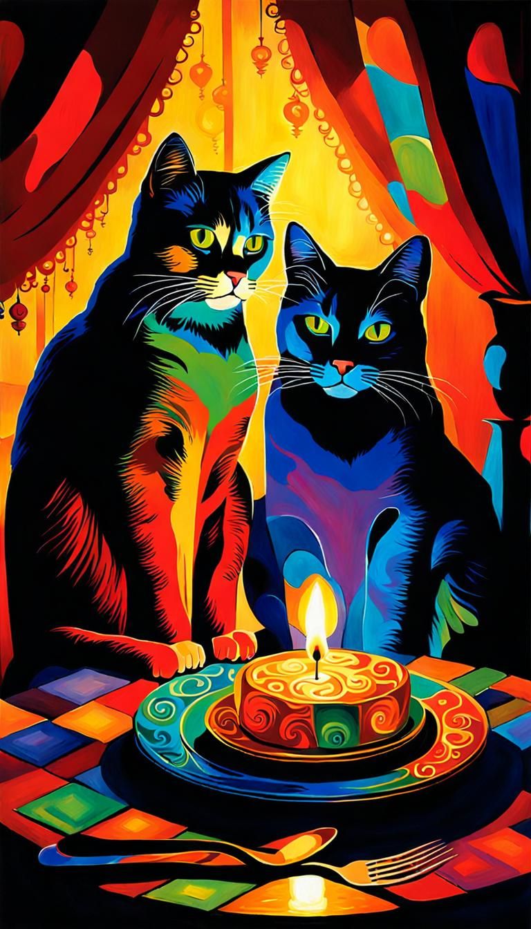 Cats' Candlelit Dinner in Colorful Chiaroscuro Style