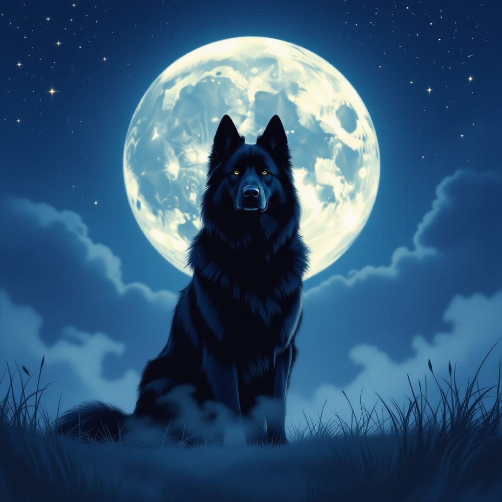 Majestic Black Dog Under Full Moon, Painterly Style