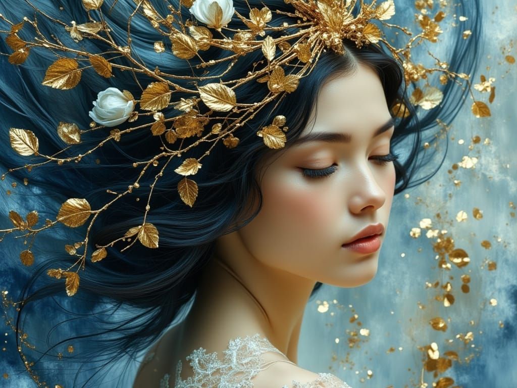 Ethereal Portrait of a Serene Woman with Golden Botanicals