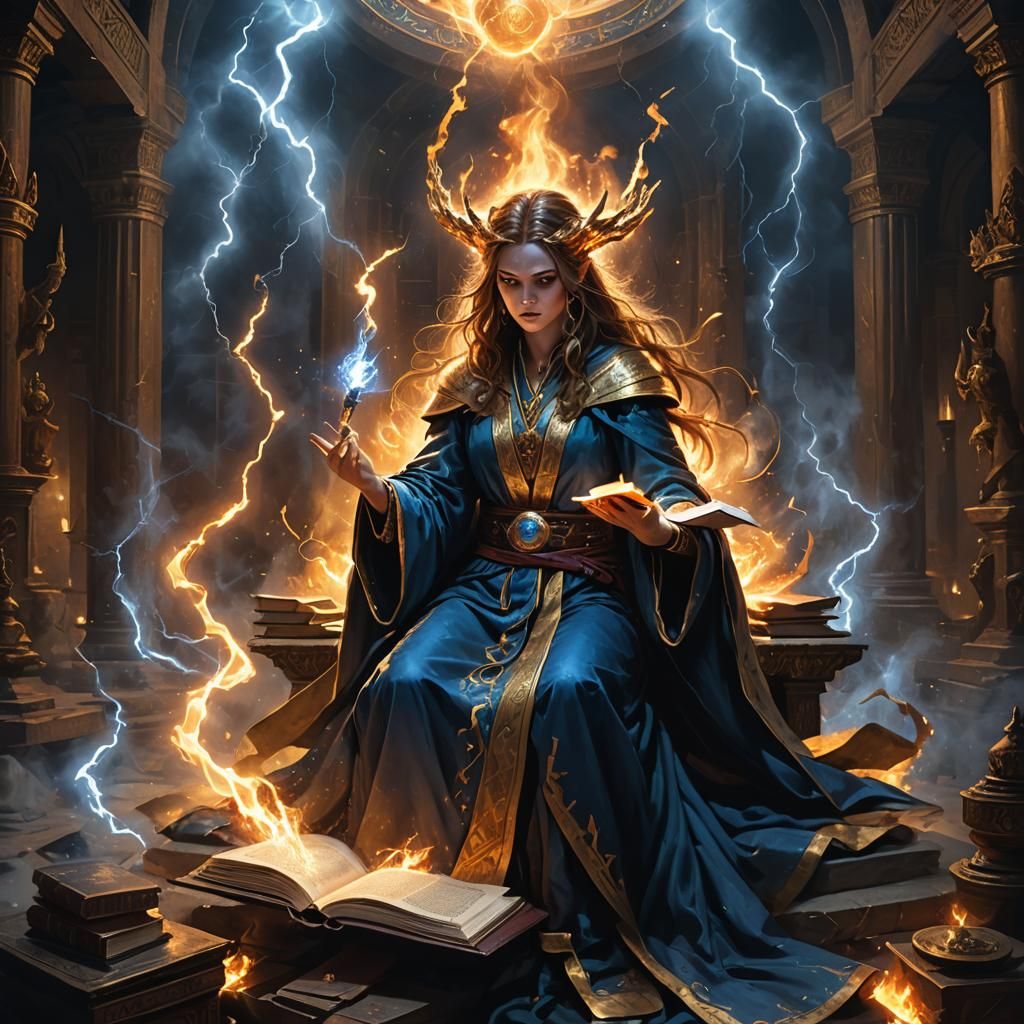 Sorceress Reading Spellbook in Fantasy Art Style