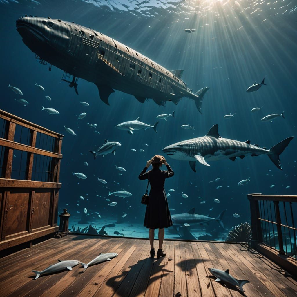 Fashion Model Surrounded by Marine Life Under the Sunlit Atl...