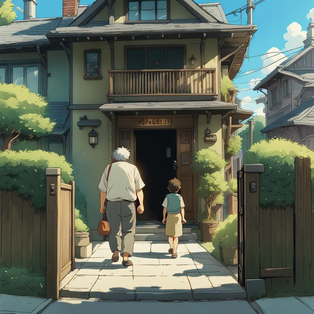 Family Reunion at Modern Home in Ghibli Style