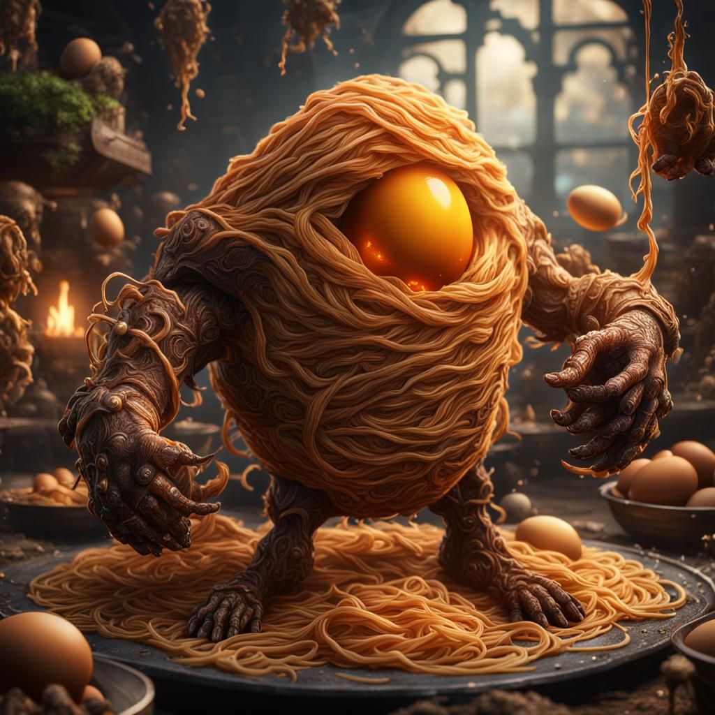 Spaghetti Penne Egg Golem: Detailed Matte Painting