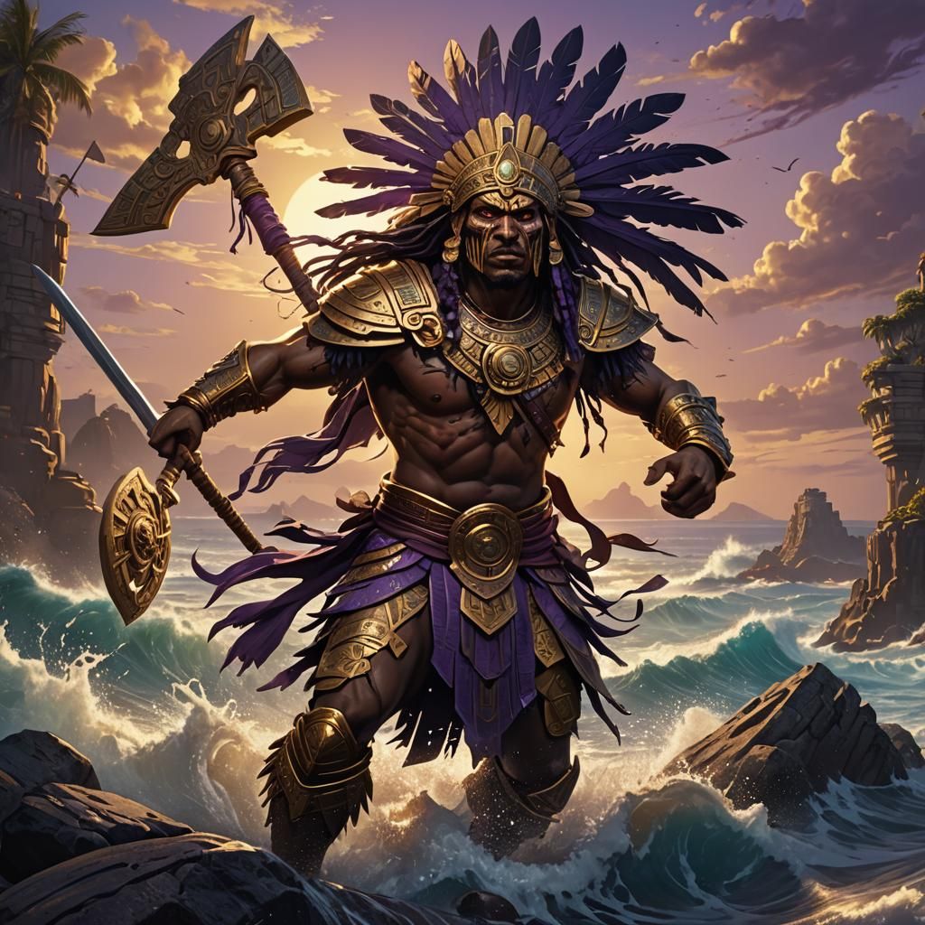 Fierce Aztec Warrior Battles Near Ocean in Dark Fantasy